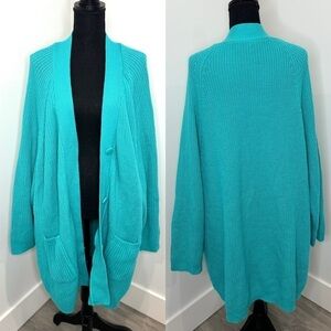 Woman Within Turquoise Knit Long Sleeve With Pockets Button Up Cardigan
